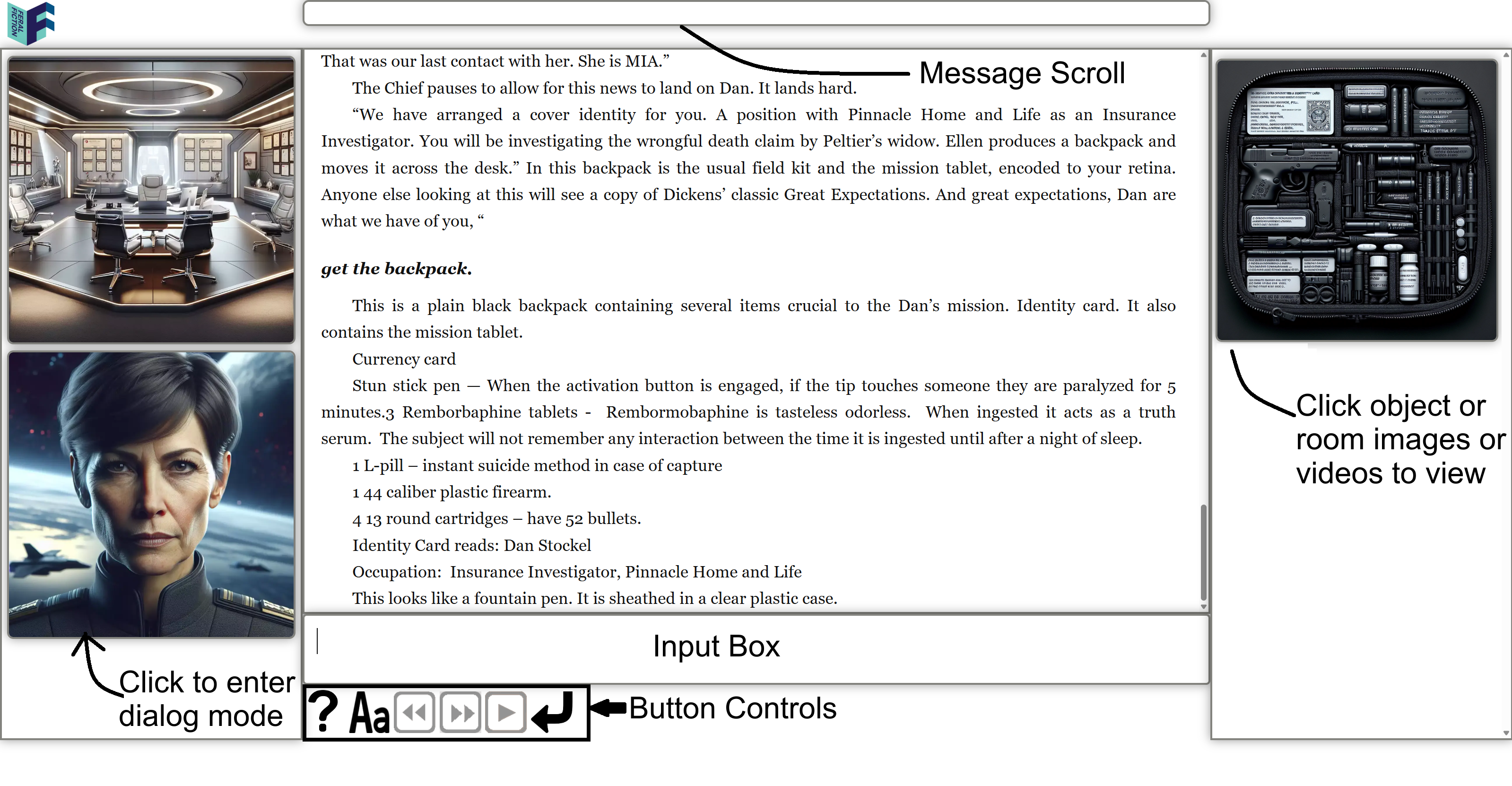 Feral Fiction labeled interface screenshot